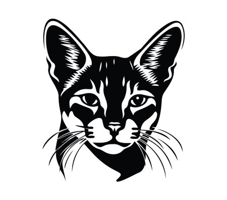 Beautiful black and white silhouette illustration of a cat's face, featuring detailed features and expressive eyes, perfect for various design projects.のイラスト素材