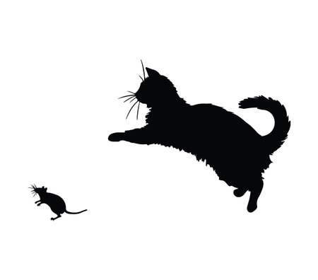 A striking black silhouette of a cat leaping towards a small mouse captures the essence of a playful chase in a minimalist design perfect for various themes.のイラスト素材