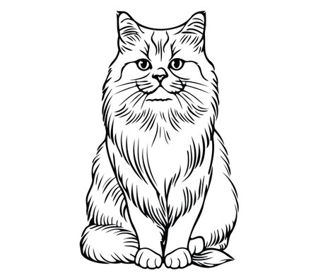 This intricate line art illustration features a fluffy cat sitting gracefully. The detailed design captures the cat's alert expression and beautiful fur, perfect for animal lovers.のイラスト素材