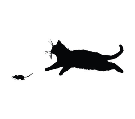 This playful silhouette design features a cat jumping in pursuit of a small mouse, capturing the dynamic predator-prey interaction in a minimalist style.のイラスト素材