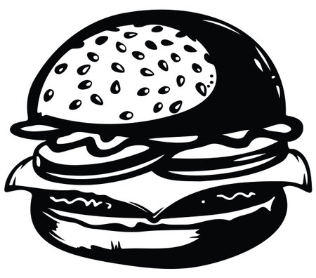 This black and white illustration features a classic hamburger with a sesame seed bun and fresh toppings, ideal for food-themed designs and menus.のイラスト素材