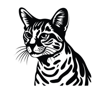 This detailed black and white illustration showcases a stylized cat face, highlighting intricate features and patterns perfect for art enthusiasts and pet lovers.のイラスト素材