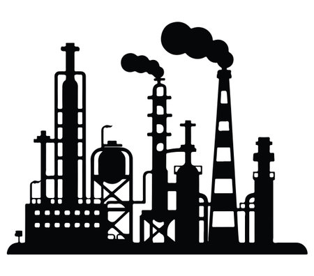 This image features a detailed silhouette of an industrial factory, highlighting smokestacks, pipes, and emissions against a plain background. Ideal for illustrating themes of industry and environmental impact.のイラスト素材