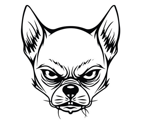 This striking black and white illustration features a fierce French bulldog head, capturing an intense expression perfect for pet lovers and designers.のイラスト素材
