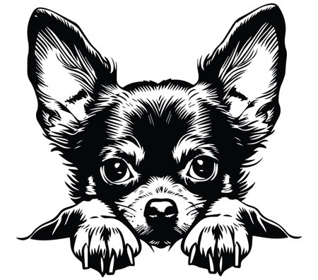 Adorable black and white illustration of a chihuahua face. This design captures the dog's expressive eyes and ears, perfect for pet lovers and art enthusiasts.のイラスト素材
