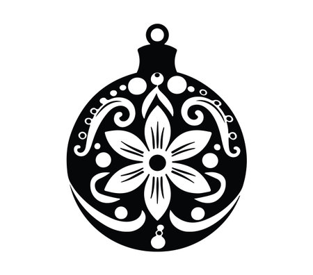 This elegant black silhouette showcases a decorative round ornament featuring a beautiful floral design, perfect for various creative projects and festive themes.のイラスト素材