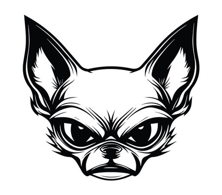 This striking illustration features a detailed black and white depiction of a chihuahua dog head, showcasing its fierce expression and unique features. Perfect for art and design projects.のイラスト素材