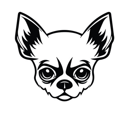 This striking black and white illustration features the head of a chihuahua, emphasizing its unique features and expressive eyes, perfect for various design projects.のイラスト素材