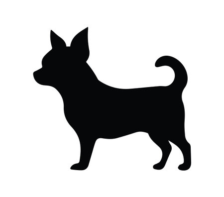 A striking black silhouette of a Chihuahua dog in profile against a white background. Ideal for designs, pet-related themes, and animal graphics.のイラスト素材