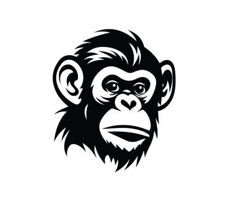 A striking monochrome illustration of a chimpanzee's head featuring bold lines and expressive details. Perfect for graphic design and artistic projects.のイラスト素材