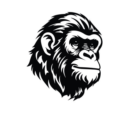 This artistic black and white illustration depicts a monkey's face in profile, showcasing intricate details and a thoughtful expression, ideal for creative projects.のイラスト素材
