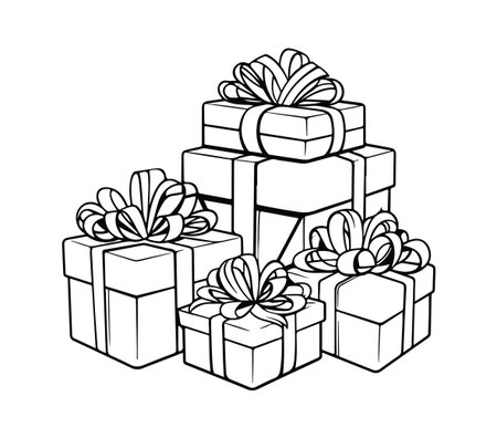 This hand-drawn illustration features a stack of beautifully wrapped gift boxes adorned with ribbons and bows, symbolizing celebration and joy. Ideal for festive occasions.のイラスト素材