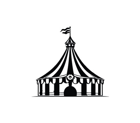 A playful black and white illustration of a circus tent with vertical stripes, capturing the spirit of fun and celebration in outdoor events and gatherings.のイラスト素材