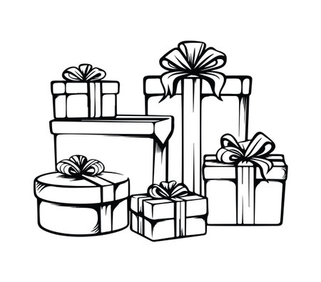 Unique hand-drawn illustration of various wrapped gifts with ribbons, perfect for use in designs related to celebrations, parties, and special events.のイラスト素材