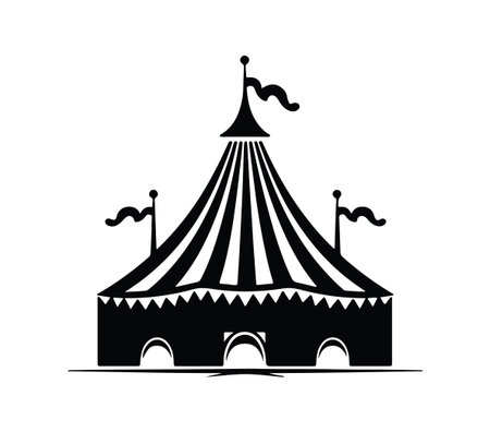 This black and white illustration features a vintage circus tent with flags and stripes, symbolizing entertainment and festivities, perfect for various design needs.のイラスト素材