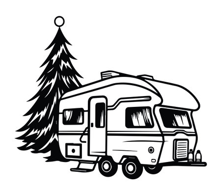 This black and white illustration features a vintage camper trailer nestled beside a Christmas tree. Perfect for holiday-themed projects or travel-themed designs.のイラスト素材