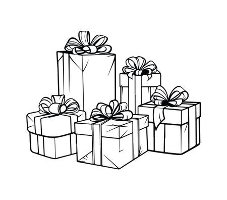 This hand-drawn sketch features a charming arrangement of gift boxes adorned with bows, perfect for illustrating joy and celebration during festive occasions.のイラスト素材