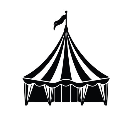 This black and white illustration features a circus tent adorned with stripes and a flag, perfect for themes of entertainment, fun, and celebration.のイラスト素材