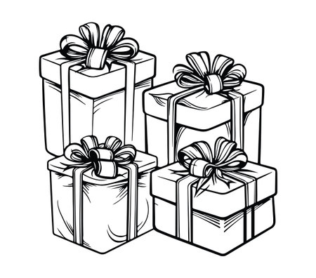 This hand-drawn illustration features a set of stylish gift boxes adorned with bows. Ideal for creative projects celebrating occasions like birthdays or holidays.のイラスト素材
