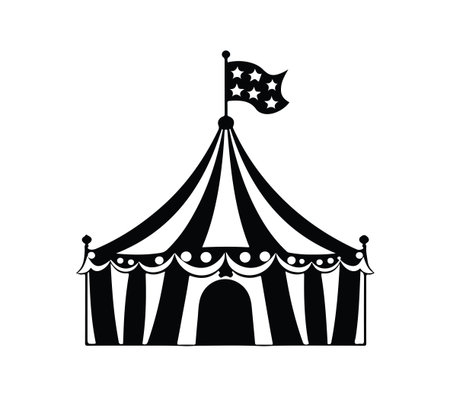 This vintage circus tent icon features bold stripes and a flag, symbolizing fun and celebration. Perfect for projects involving entertainment, events, and festivities.のイラスト素材