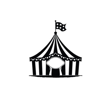 Classic black and white illustration of a circus tent featuring a flag and decorative elements. Perfect for themes of entertainment, fun, and celebration.のイラスト素材