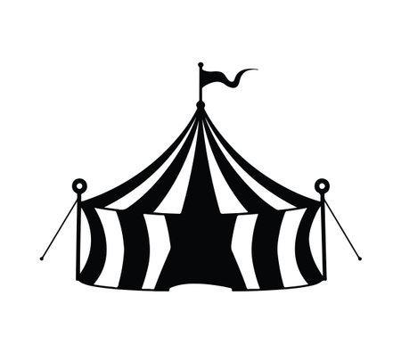 A striking black and white silhouette of a circus tent featuring bold stripes and a flag on top. This iconic structure symbolizes fun and festive events.のイラスト素材