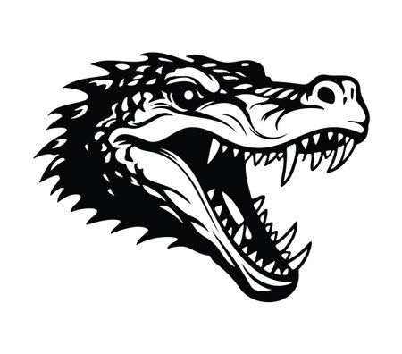 A striking illustration of a ferocious crocodile head with its mouth open, showcasing sharp teeth. This design conveys power and danger, perfect for various artistic or commercial uses.のイラスト素材
