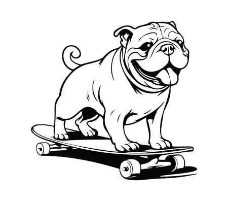 A cheerful bulldog joyfully skateboards, showcasing a fun and lively spirit. This black and white illustration captures the essence of playfulness and energy.のイラスト素材