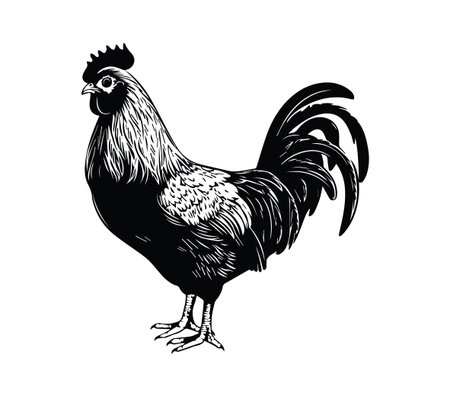 This black and white vintage illustration of a rooster captures the charm of farm life. Perfect for rustic decor or country-themed projects, it showcases intricate details and a classic style.のイラスト素材