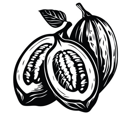 Detailed black and white illustration of cocoa pods with an open fruit, showcasing seeds. Ideal for organic and natural food themes, this artwork captures cocoa's essence perfectly.のイラスト素材