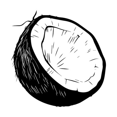 This black and white illustration features a coconut with a split shell and visible interior. The detailed design highlights its natural texture, perfect for food-related projects.のイラスト素材