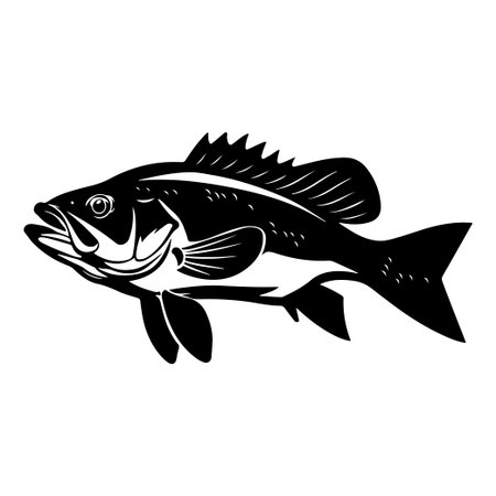 This striking black silhouette of a fish showcases intricate details in fins and tail, perfect for aquatic-themed projects or illustrations focused on marine life.のイラスト素材