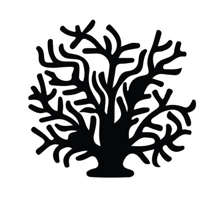This black silhouette of an intricate coral reef design presents a striking visual on a white background, perfect for marine-themed projects and art displays.のイラスト素材