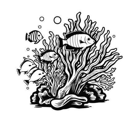 Detailed black and white sketch showcasing a vibrant coral reef teeming with various fish, creating a serene underwater scene filled with organic shapes and bubbles.のイラスト素材