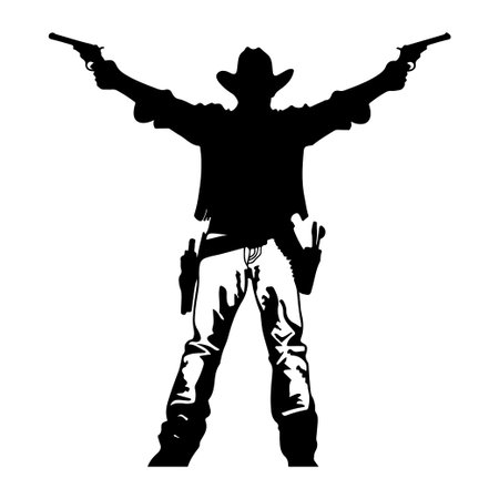 Striking silhouette of a cowboy with revolvers in an iconic pose, evoking the spirit of the wild west and adventure in a vintage style. Perfect for themed designs.のイラスト素材
