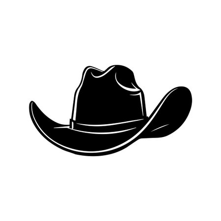 A black silhouette of a cowboy hat on a white background, perfect for illustrating western themes. Ideal for fashion, art, or lifestyle projects.のイラスト素材