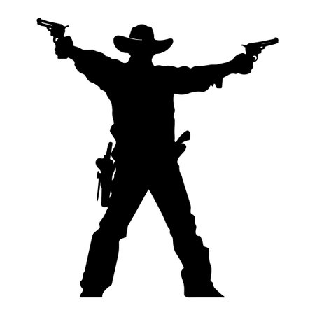 A striking silhouette of a cowboy wielding guns in both hands, representing adventure and drama of the wild west. Perfect for themes of action and courage.のイラスト素材