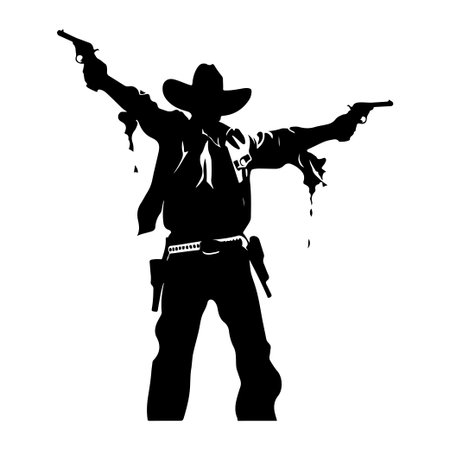 This striking silhouette features a cowboy brandishing guns in a dynamic pose, capturing the essence of adventure and rebellion. Perfect for any western-themed project.のイラスト素材