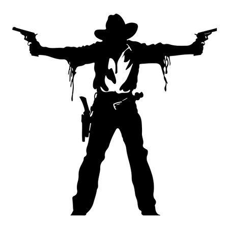 This striking silhouette depicts a cowboy in a dramatic standoff, holding revolvers with a fearless expression. A perfect representation of wild west themes.のイラスト素材