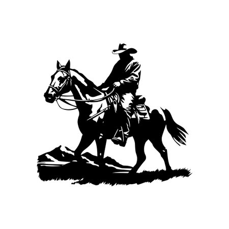 This striking silhouette features a cowboy riding a horse across a vast Western landscape, capturing the essence of adventure and a rugged lifestyle. Perfect for themes of nature, freedom, and cultural heritage.のイラスト素材