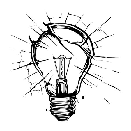 A striking illustration of a cracked light bulb symbolizes the breakthrough of ideas and innovations. The artwork captures the contrast of light and shadow, representing creativity.のイラスト素材