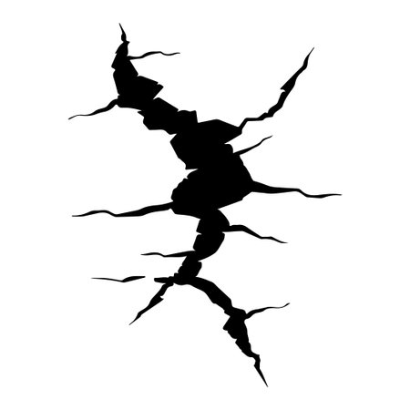 A striking black silhouette of a cracked wall texture showcases organic patterns. Ideal for designs seeking depth, contrast, and a sense of fragility.のイラスト素材