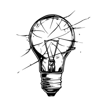 An artistic illustration of a broken light bulb, symbolizing fragile ideas and the transition through creative processes. This monochrome image captures the essence of innovation and failure.のイラスト素材