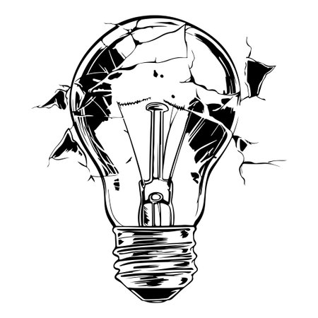 This illustration features a cracked light bulb surrounded by shattered glass, symbolizing broken ideas and creativity. Ideal for artistic projects or decor.のイラスト素材