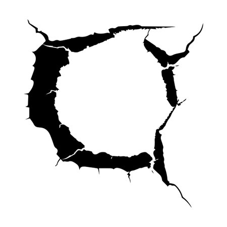 This image features a damaged wall texture, showcasing cracks and worn edges. Ideal for use in design, renovation projects, or creative backgrounds.のイラスト素材