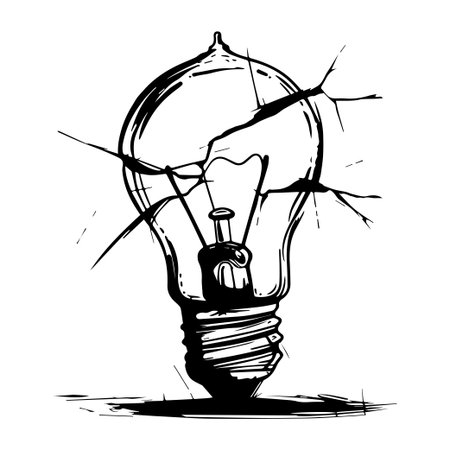 This striking illustration features a cracked light bulb with broken glass elements in black and white, symbolizing fragility and creativity. Perfect for artistic projects.のイラスト素材