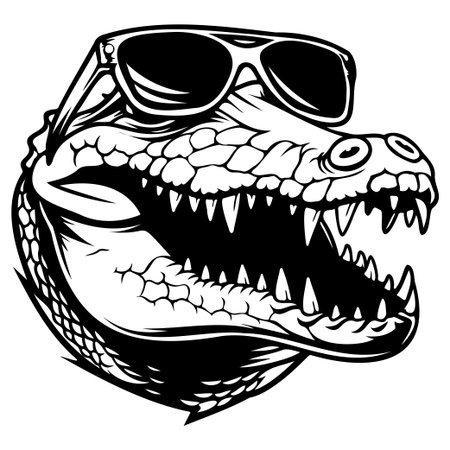 This unique black and white illustration features a cool crocodile wearing sunglasses, capturing a fun and quirky personality perfect for trendy designs.のイラスト素材