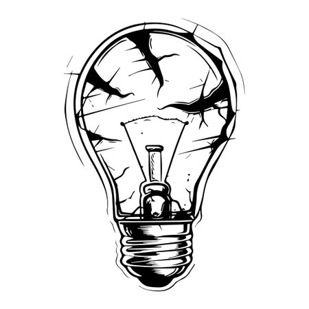 This artistic illustration features a cracked light bulb, symbolizing brokenness and creativity. The detailed outline enhances the striking image, making it ideal for various creative projects.のイラスト素材