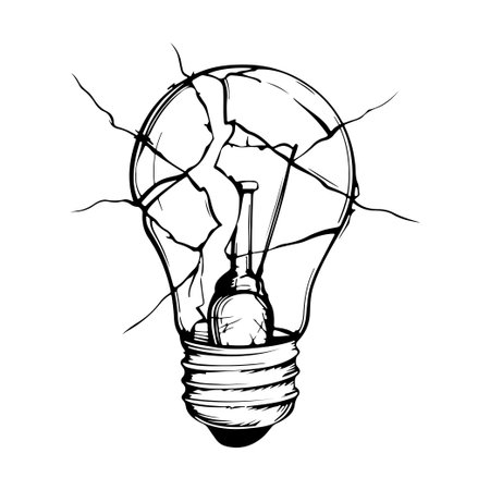 This illustration features a cracked light bulb, symbolizing broken ideas and creativity. The minimal design highlights artistic elements, offering a unique visual appeal.のイラスト素材