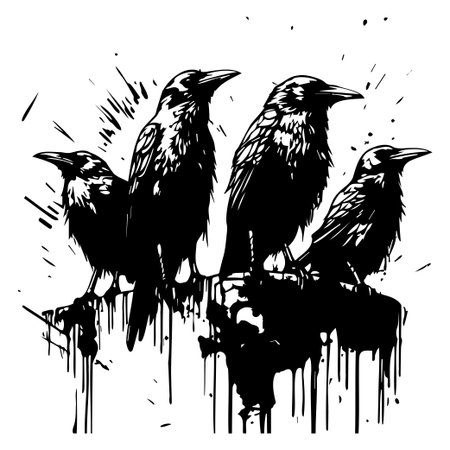 Artistic illustration of four black ravens perched on a branch, surrounded by dynamic ink splash effects. A striking design for nature lovers and art enthusiasts.のイラスト素材